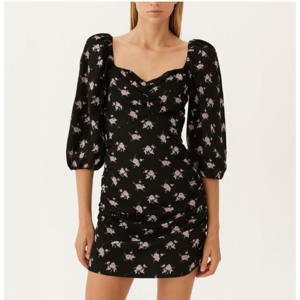 NEW Sandy Liang Pump Dress Tablecloth Black Floral Ruched Mini Dress 4 Made in U